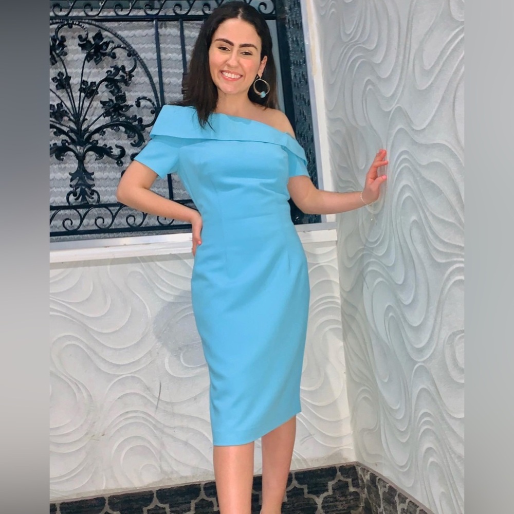 Black Halo Off-Shoulder Tiffany Blue Midi Dress